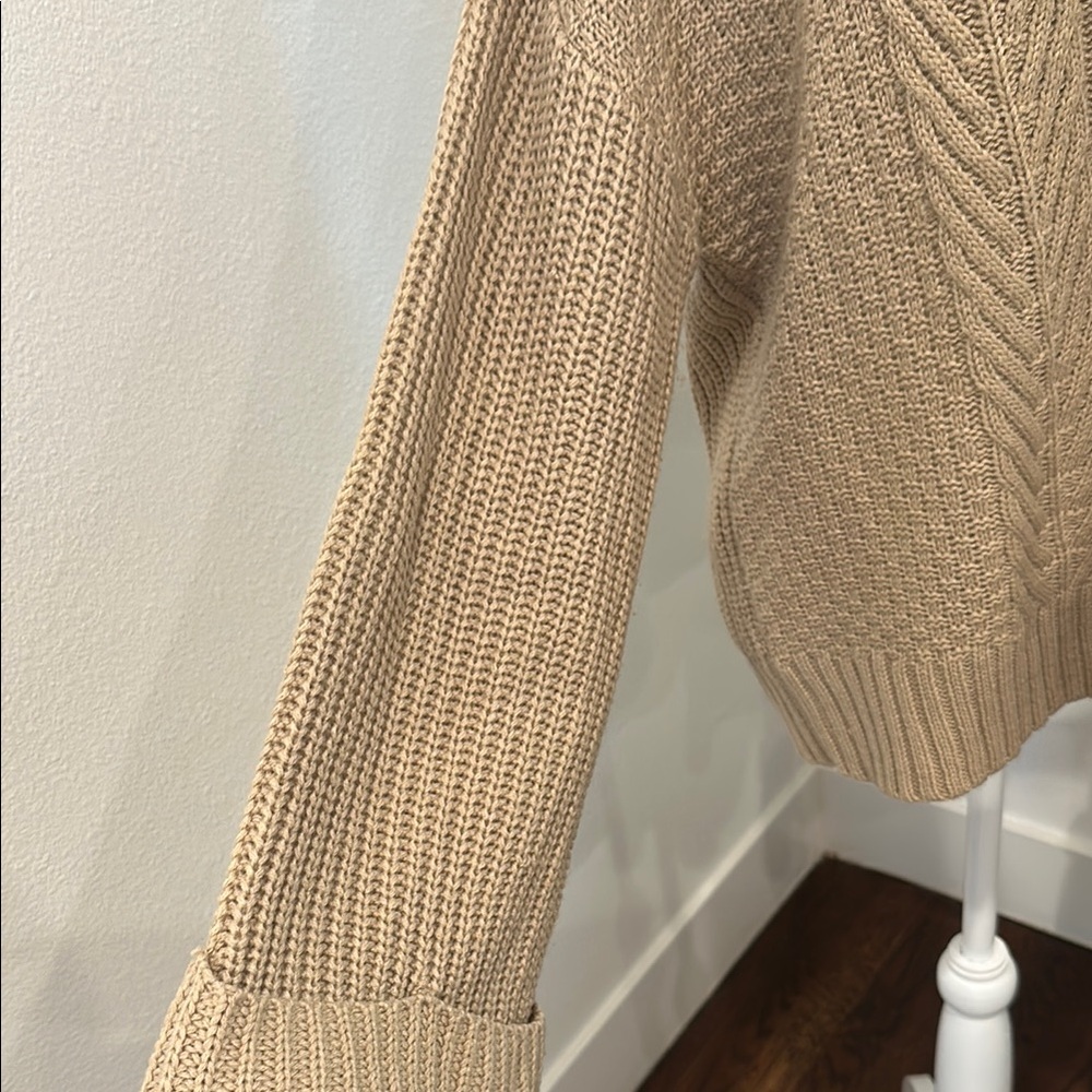 Elegant V-Neck Cable Knit Sweater in Tan - Picture 4 of 13